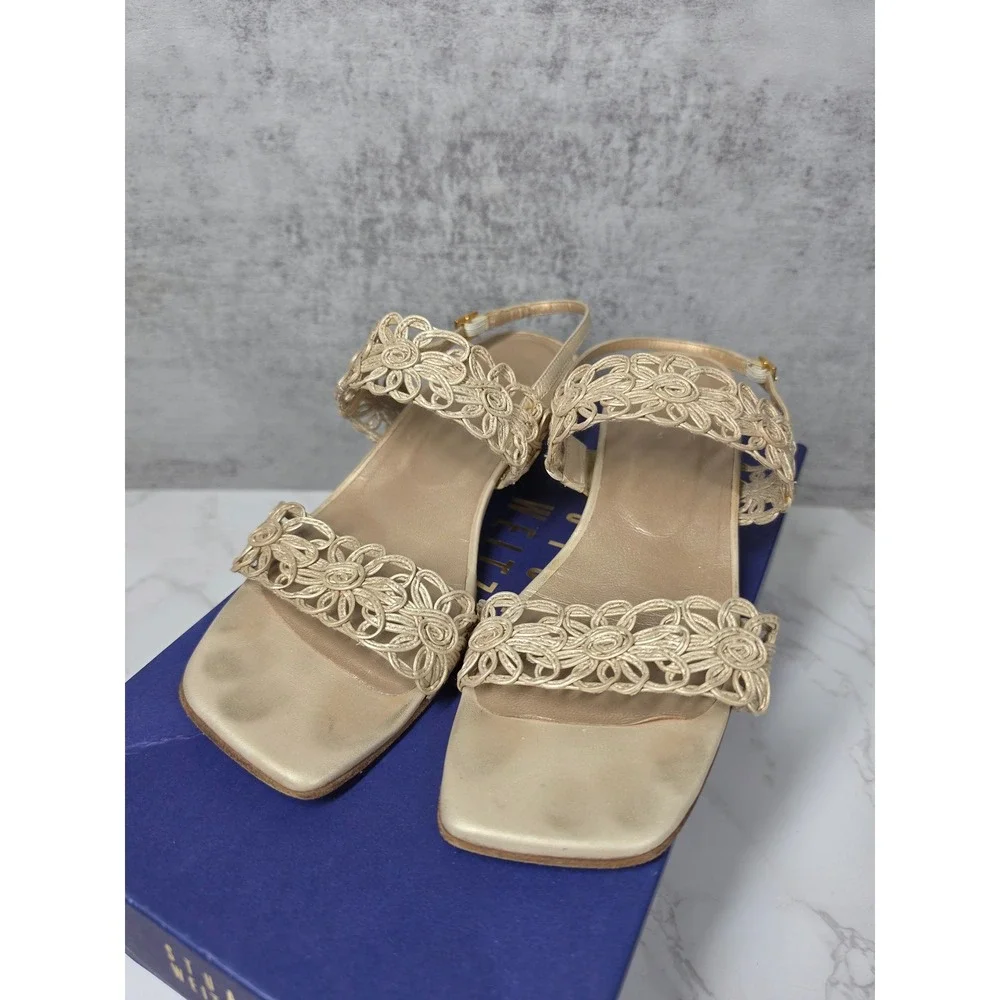 Stuart Weitzman Vintage Abloom Sand Metal Madras Gold Macrame Wedge Sandals 6M